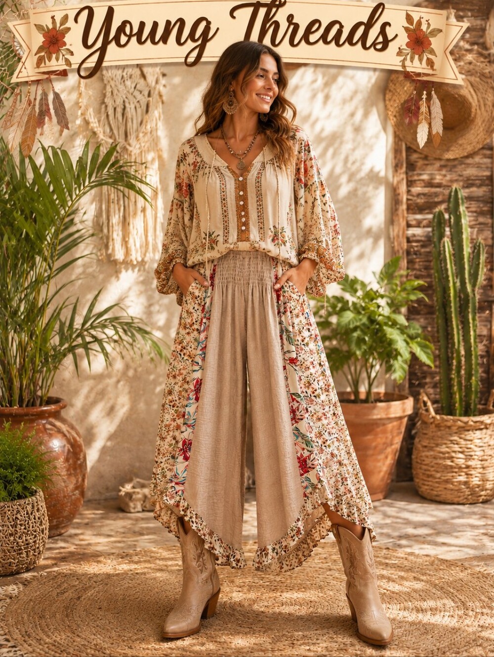 453.  Beige Floral Patchwork Cropped Wide-Leg Pants